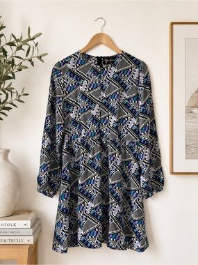 Yumi Kim 100% Silk Geometric Print Long Sleeve Dress L Pockets